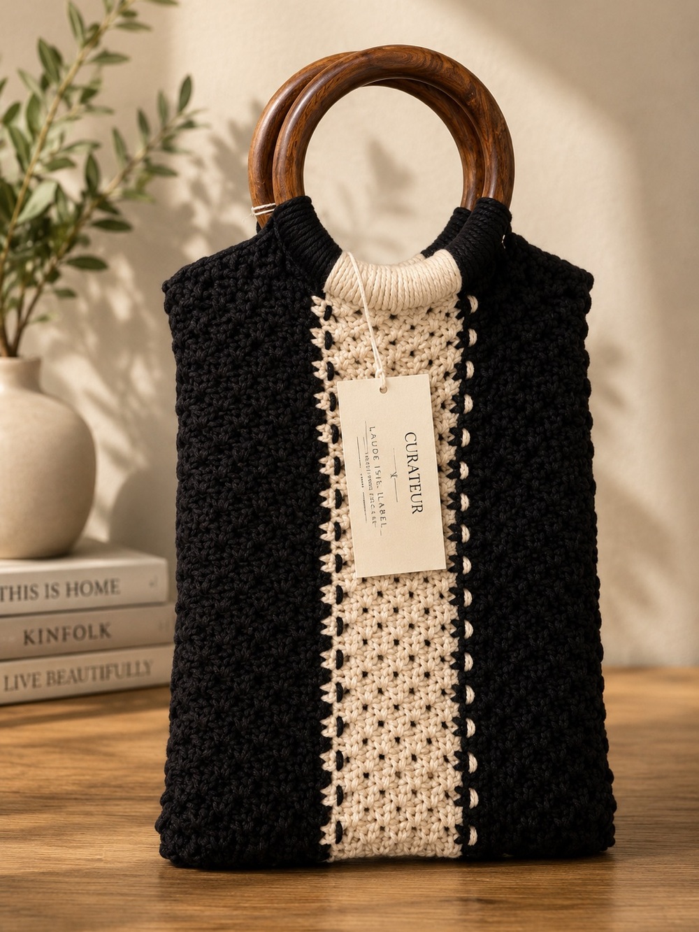 Curateur Black & Cream Crochet Tote with Wood Handles